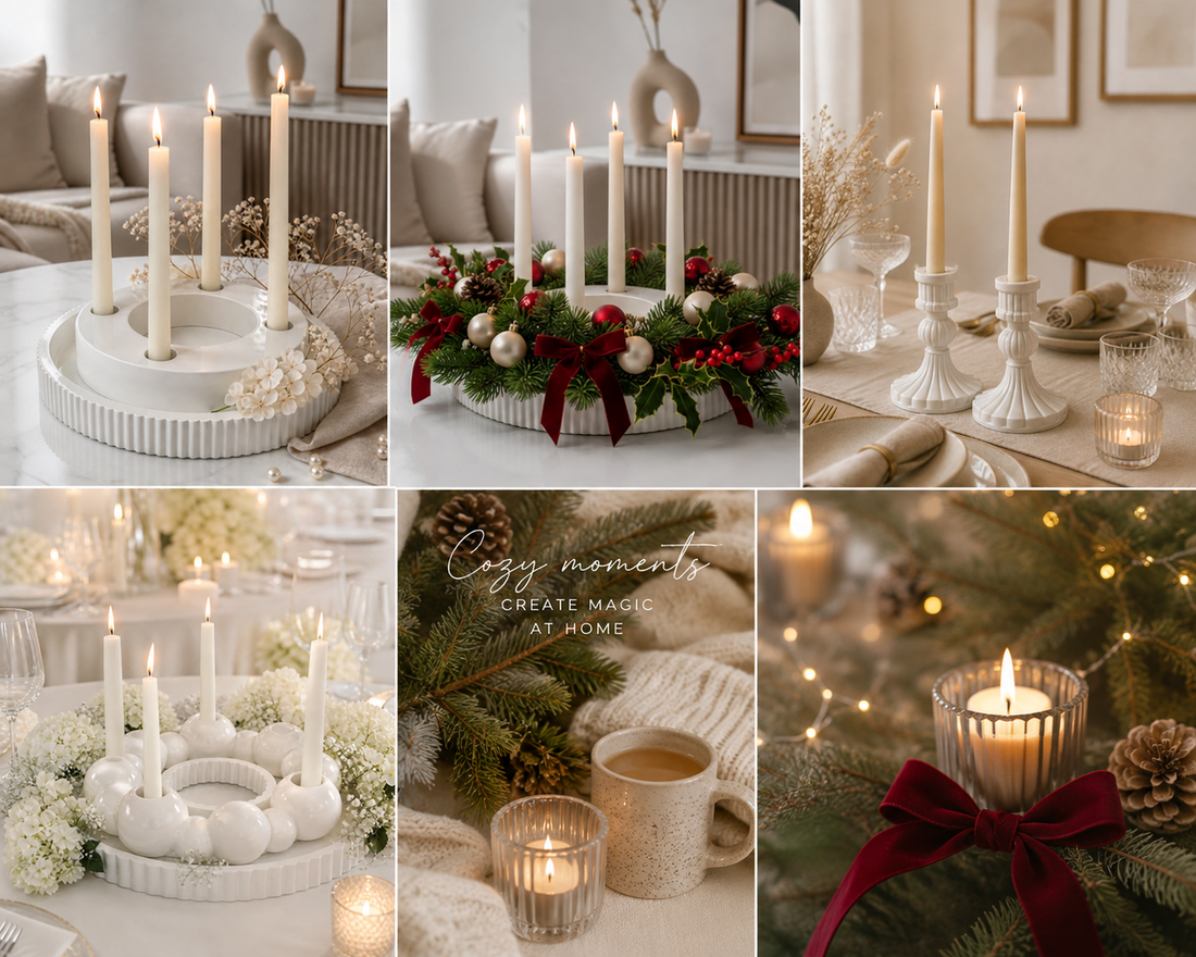 Collage of elegant table settings with white handmade gypsum candle holders for various occasions including Christmas, romantic dinner and spring gathering