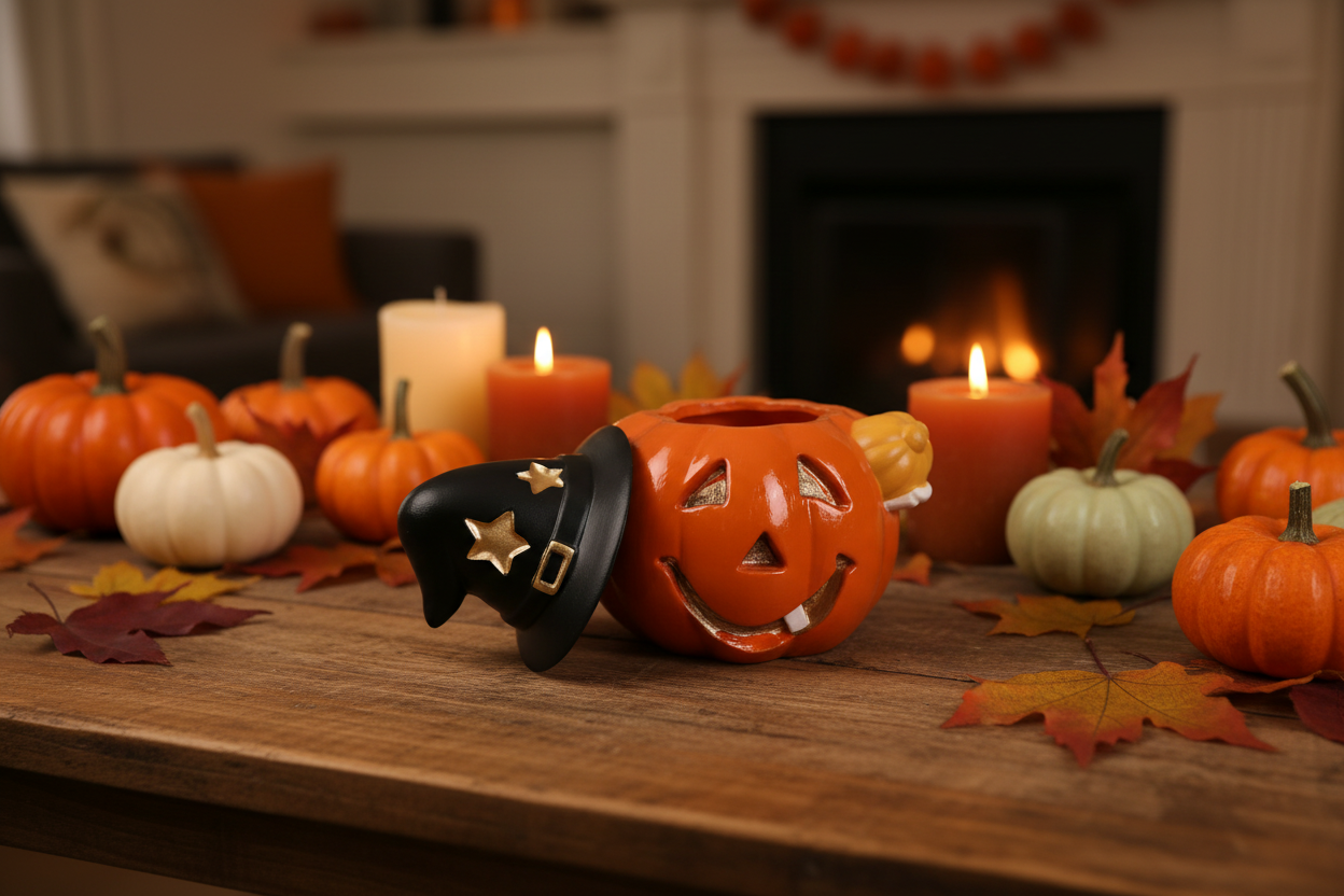 Gipsowy Świecznik Halloween Dynia z Kapeluszem Czarownicy | Zestaw 4 szt | Handmade – MOSVAM