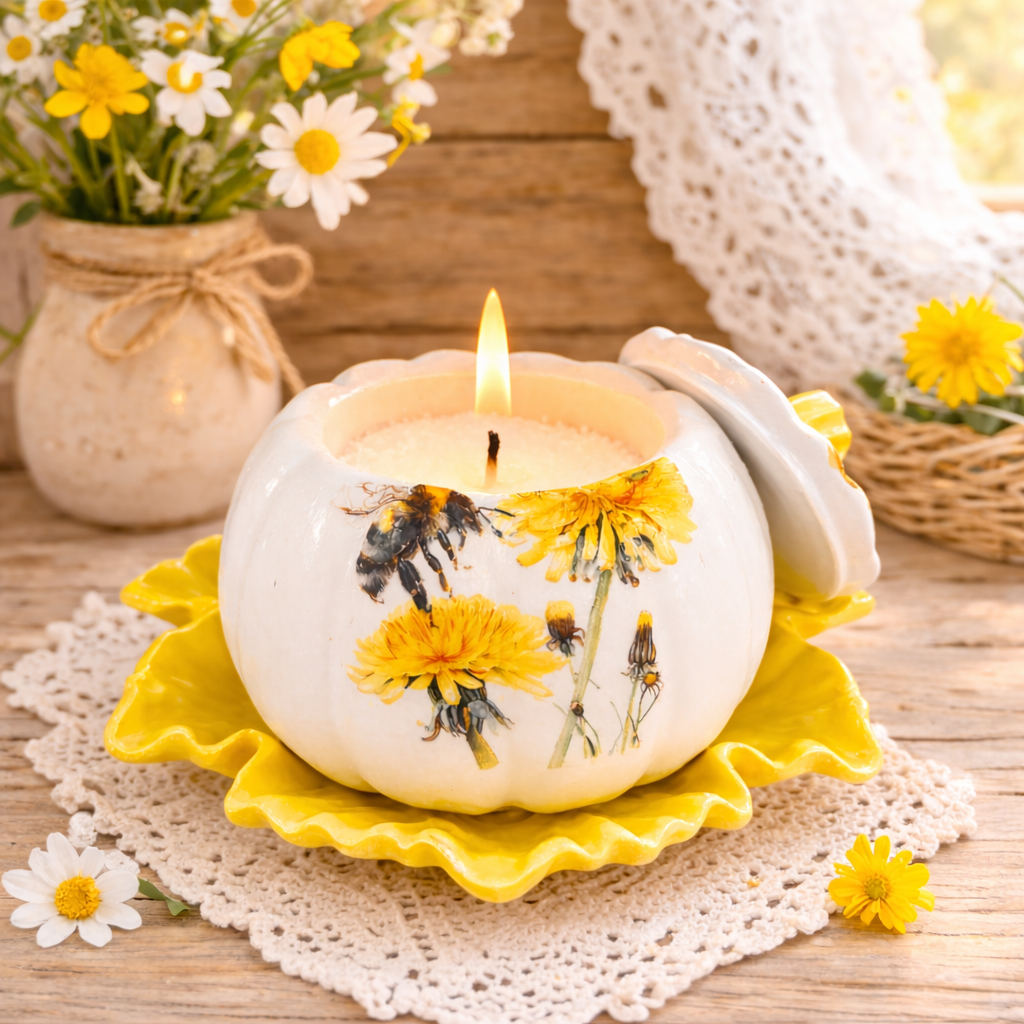 Bees & Flowers Pumpkin Gypsum Candle Holder Set of 4 on Stand – Handmade | 100ml
