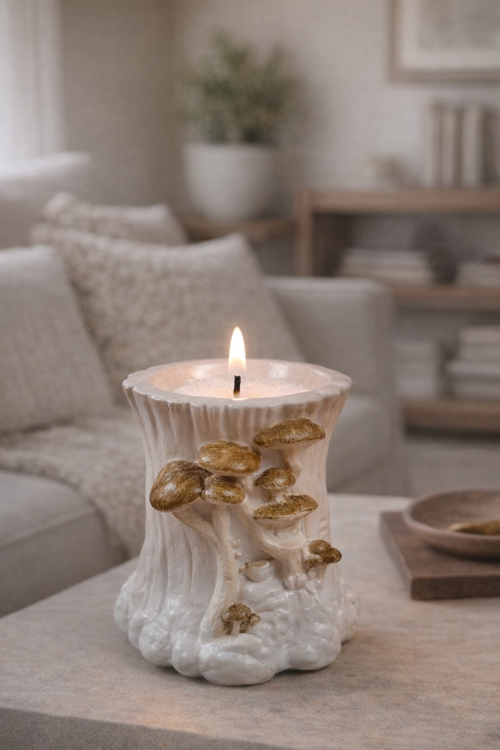 Gypsum mushroom tree stump candle holder white gold handmade set of 4 – wax container – MOSVAM
