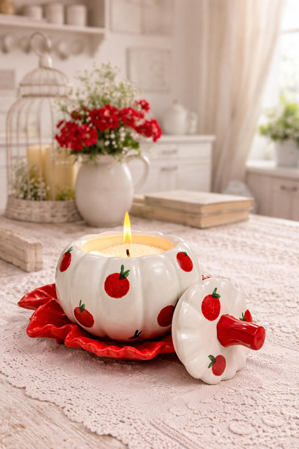 Set of 4 Handmade Gypsum Candle Holders "Pumpkin" with "Cherry" Painting
