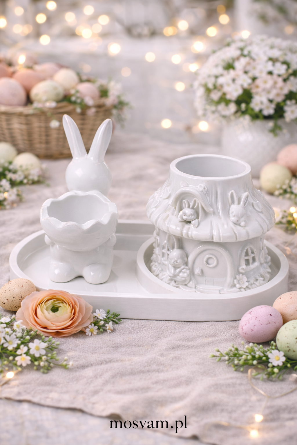 Gypsum bunny mushroom house candle holder set with tray beige handmade – wax container – MOSVAM
