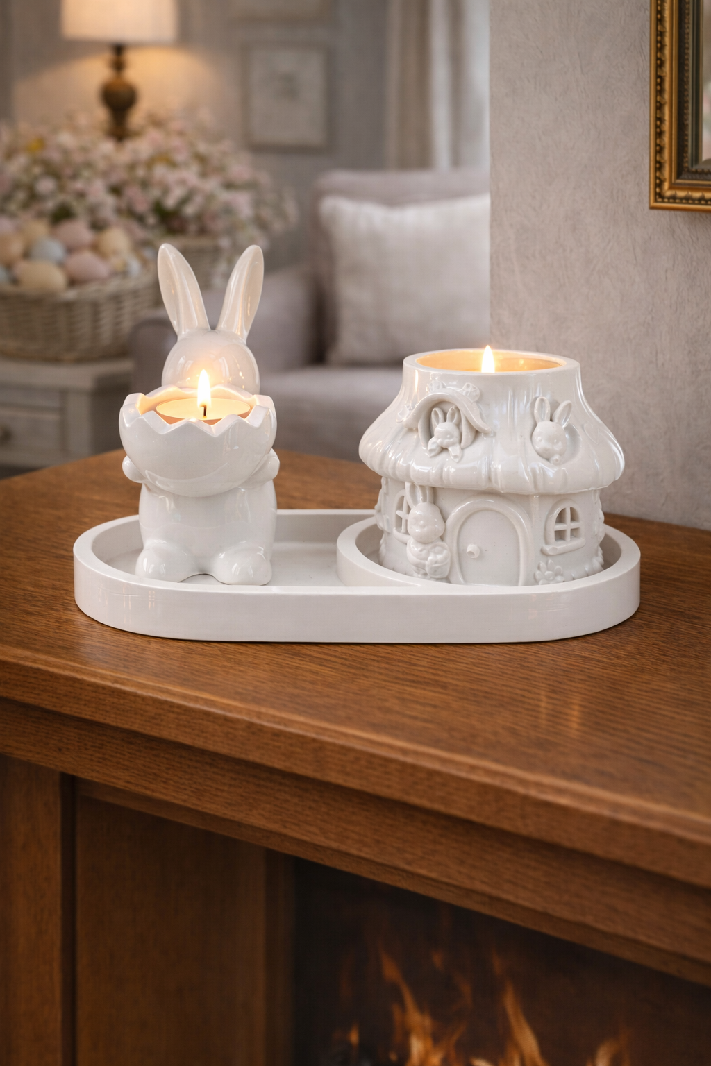 Gypsum bunny mushroom house candle holder set with tray yellow handmade – MOSVAM
