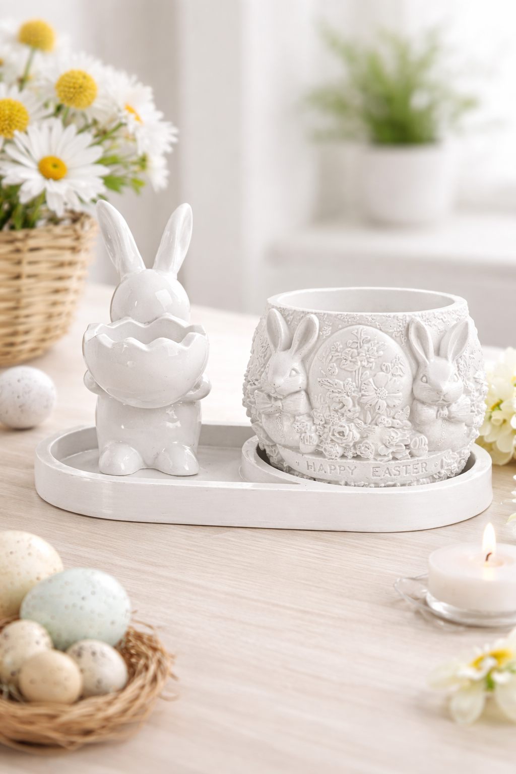 Gypsum Easter candle holder bunny Happy Easter bowl set with tray white handmade – MOSVAM
