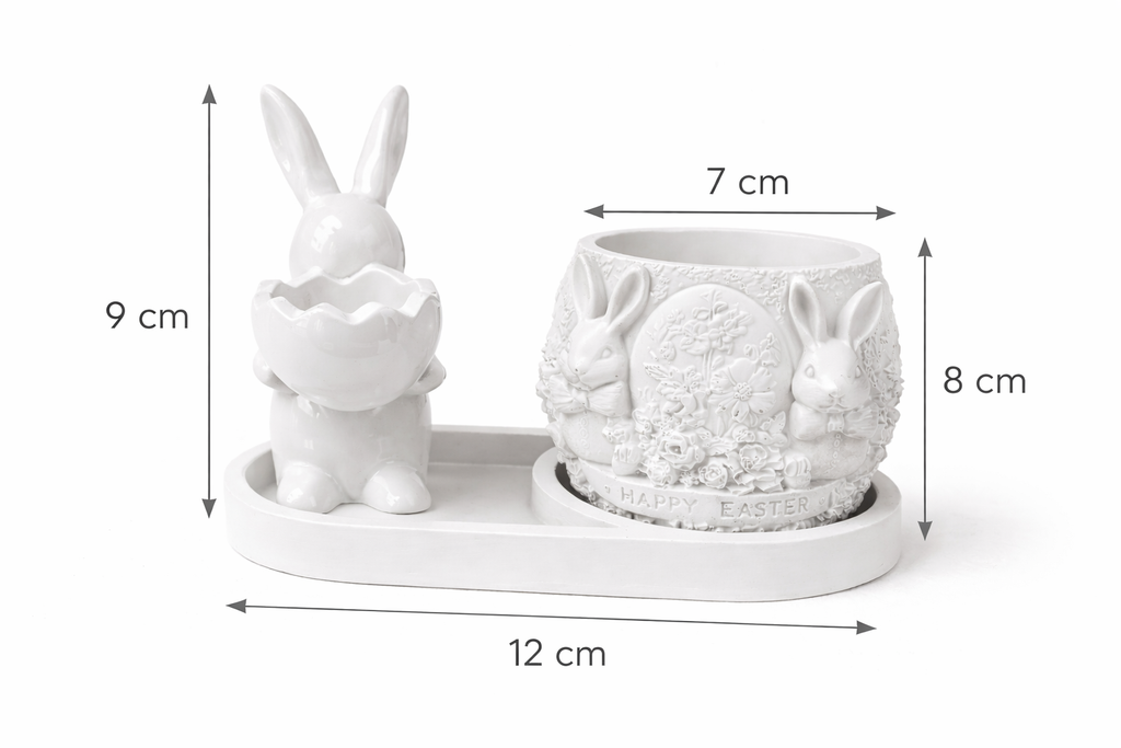 Gypsum bunny figurine with egg 9 cm white handmade – Easter decor – MOSVAM
