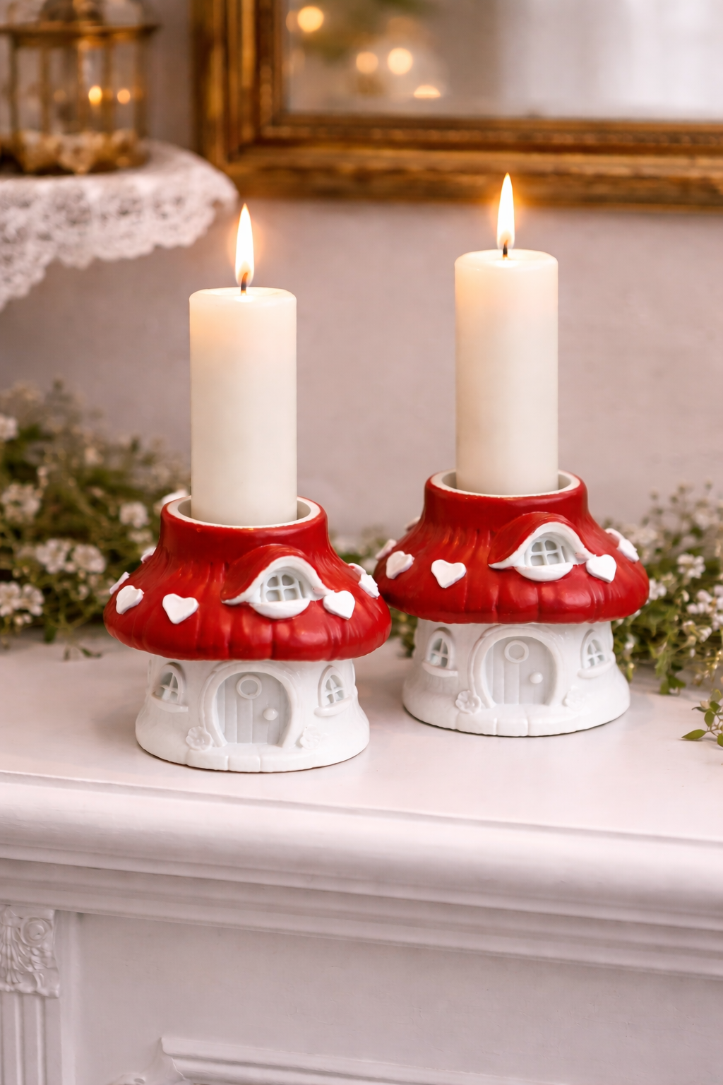 Mushroom House Gypsum Taper Candle Holder Set of 4 – Handmade | 7cm