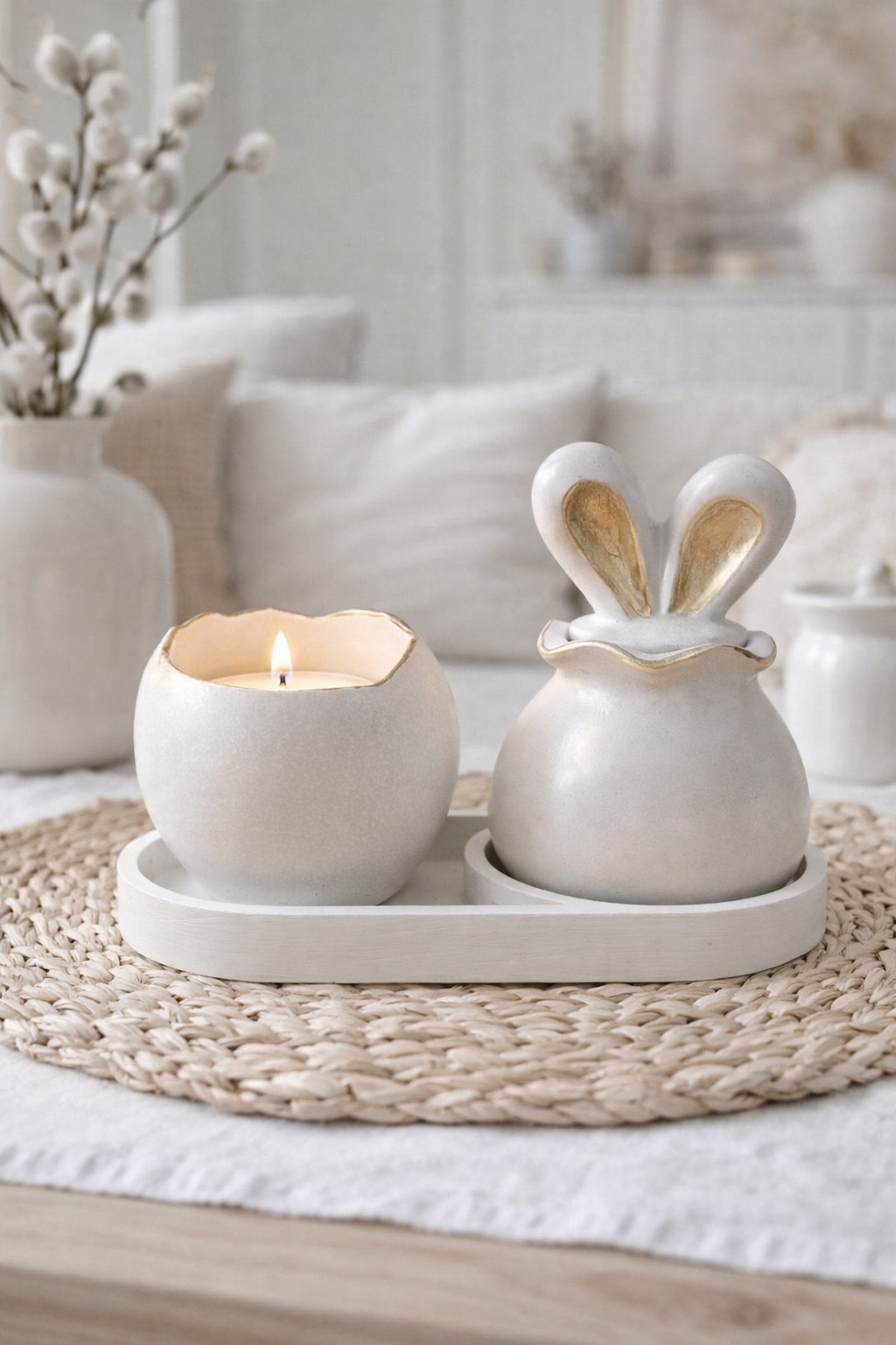 Gypsum Easter candle holder set egg bunny ears with tray white gold handmade – MOSVAM
