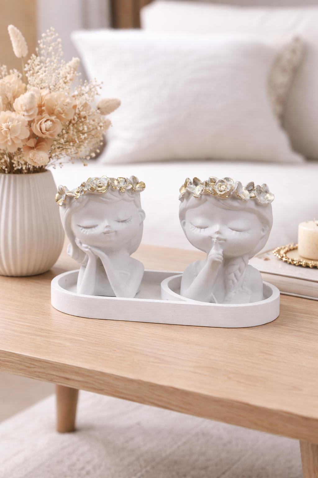 Gypsum Candle Holder Set of 2 with Tray – Angel Light Handmade Home Decor Gift