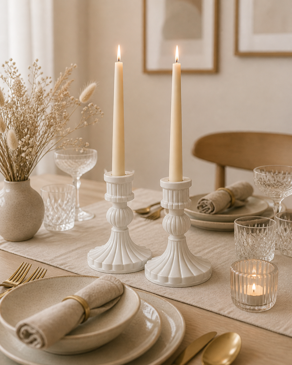 Gypsum taper candle holder antique ribbed white handmade set of 4 – table decor – MOSVAM
