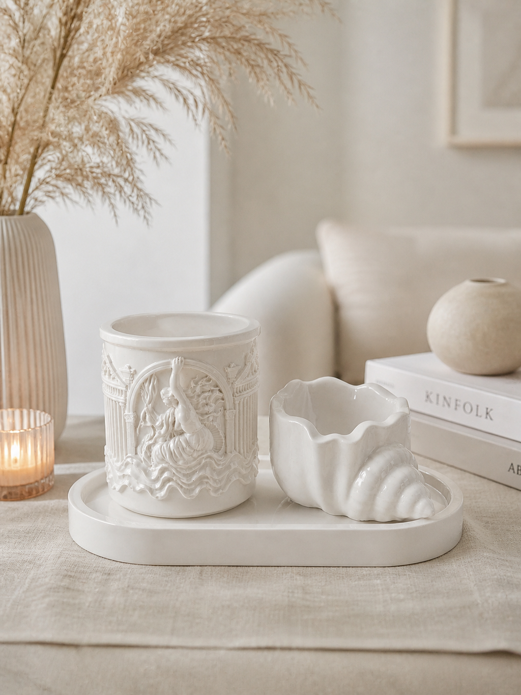 Gypsum candle holder set unicorn shell oval tray white lifestyle handmade – MOSVAM

