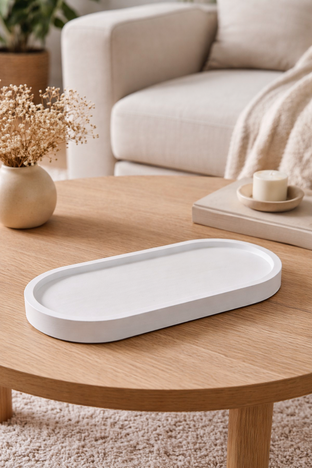 Gypsum minimalist oval candle tray white handmade 17x8 cm set of 5 lifestyle – MOSVAM
