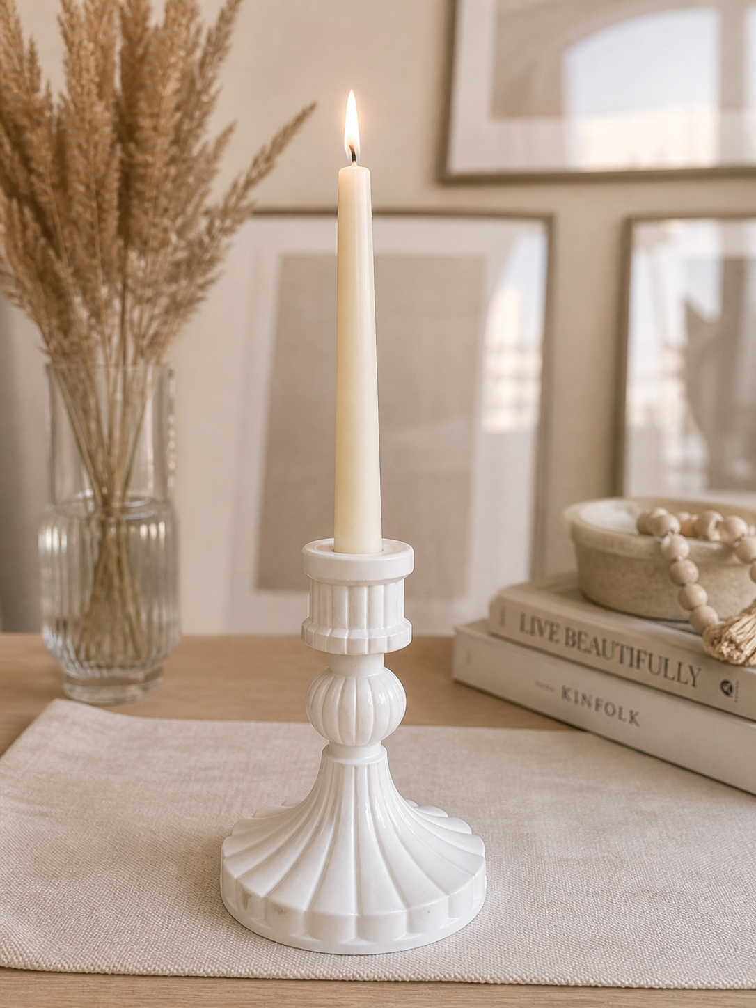 Gypsum taper candle holder antique ribbed side view white – 10 cm – MOSVAM

