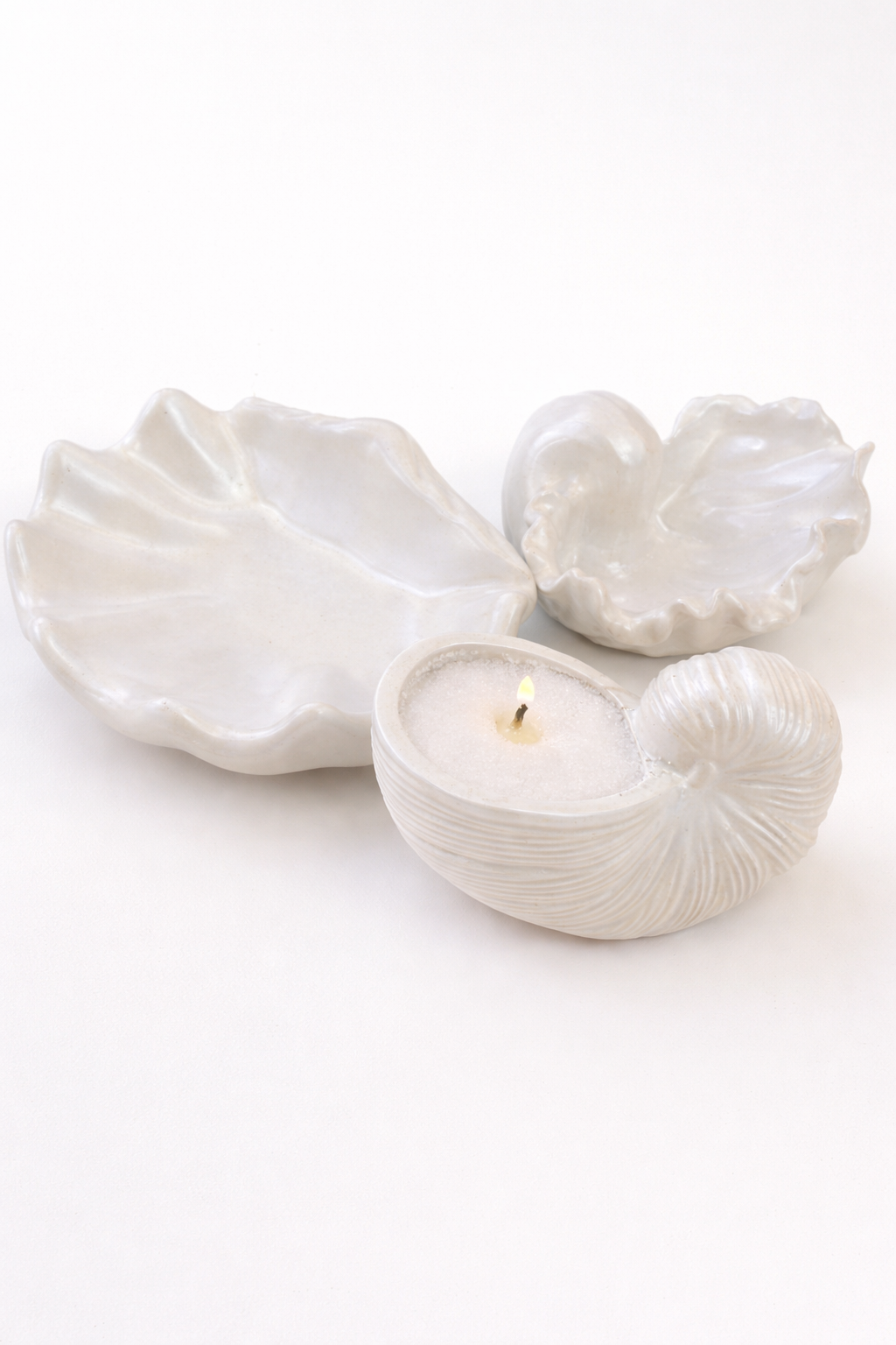 Set of 3 Handmade Shell-Shaped Gypsum Candle Holders | Pearlescent Paint | DIY Container Candles | 80-120ml | Coastal Home Decor Gift