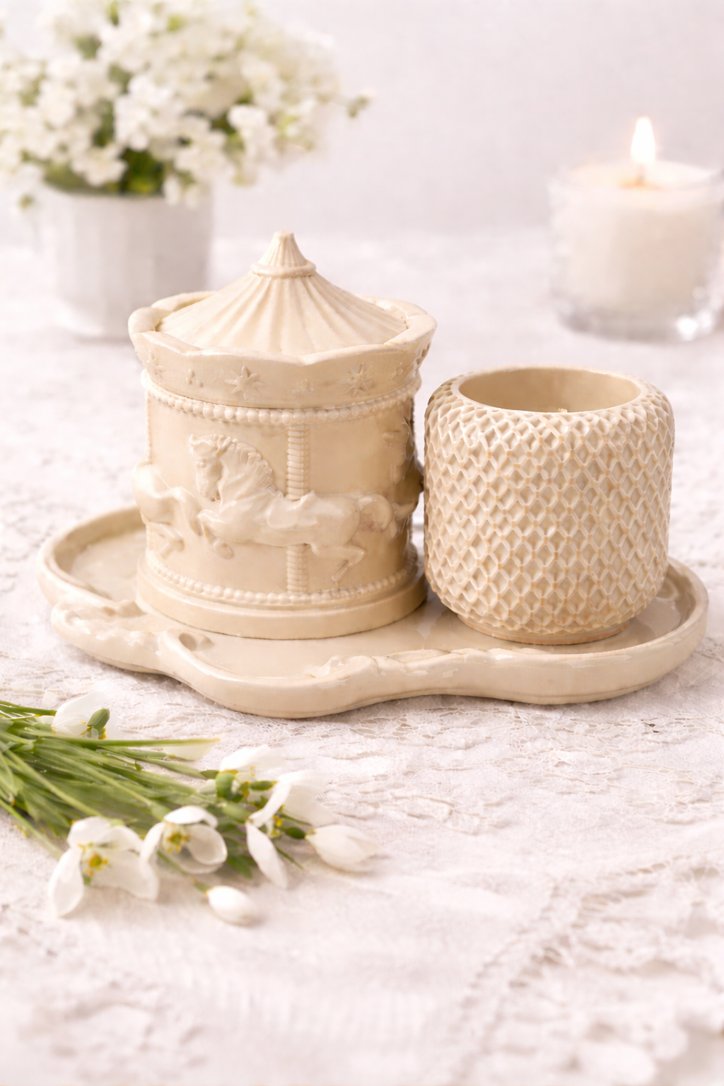 Gipsowy Zestaw Świeczników Karuzela Kratka opakowanie prezentowe – handmade – MOSVAM