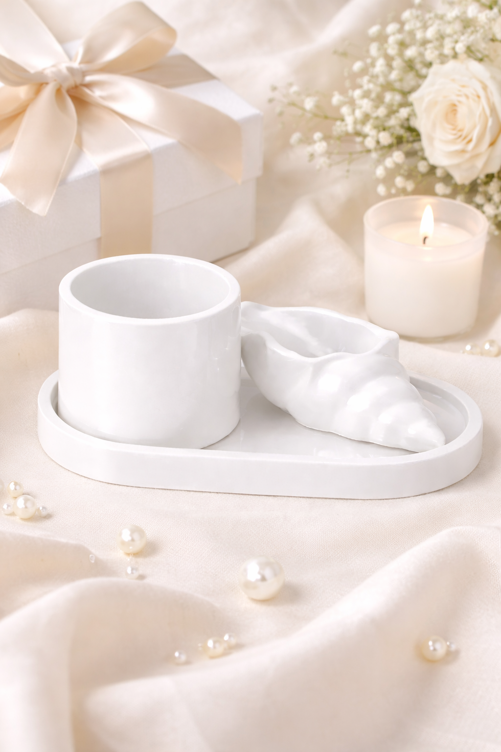 Gypsum Candle Holder Set on Oval Tray – Handmade | 100ml & 50ml | 5 Colors