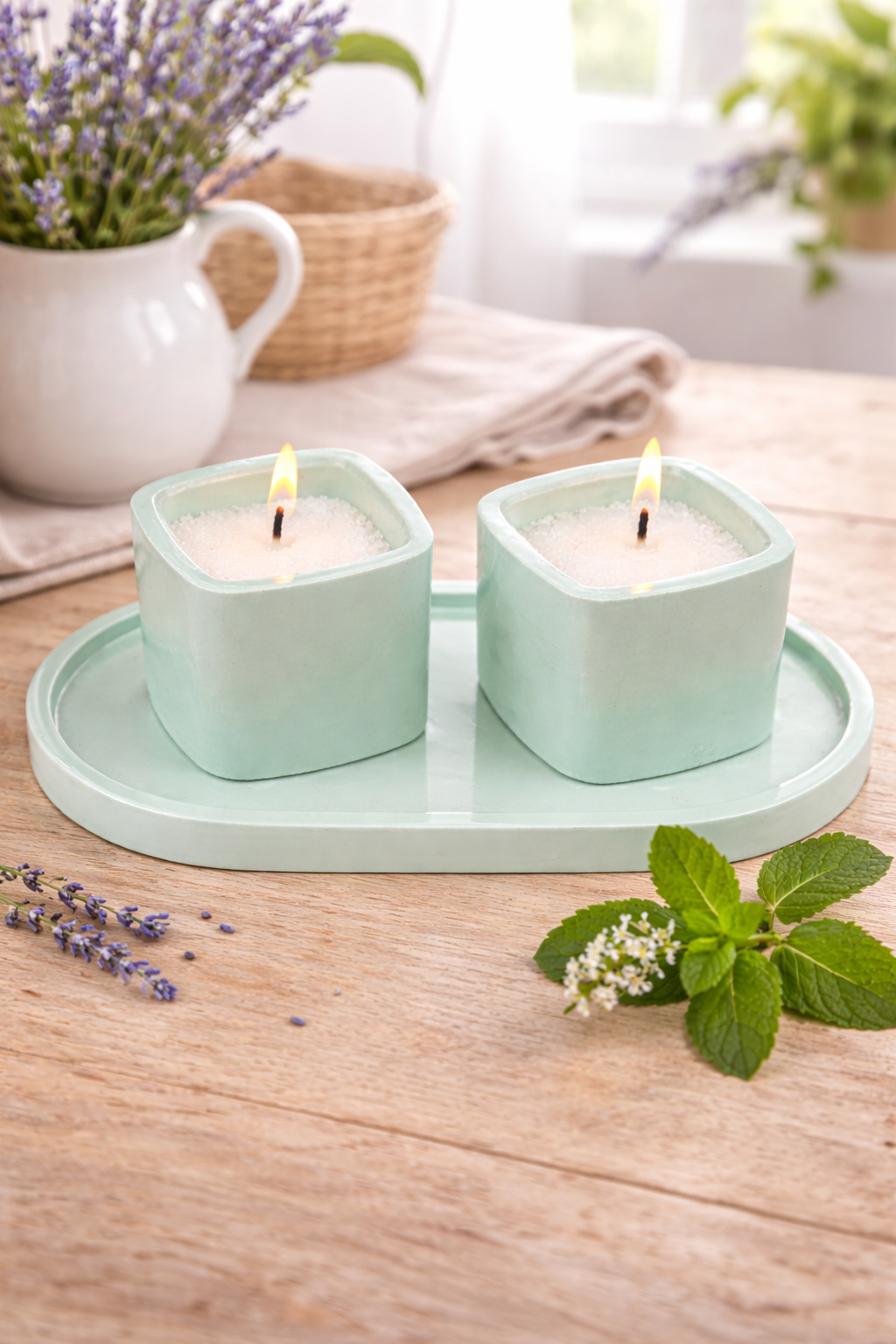 Gypsum candle holder set with tray minimalist mint handmade – wax container – MOSVAM
