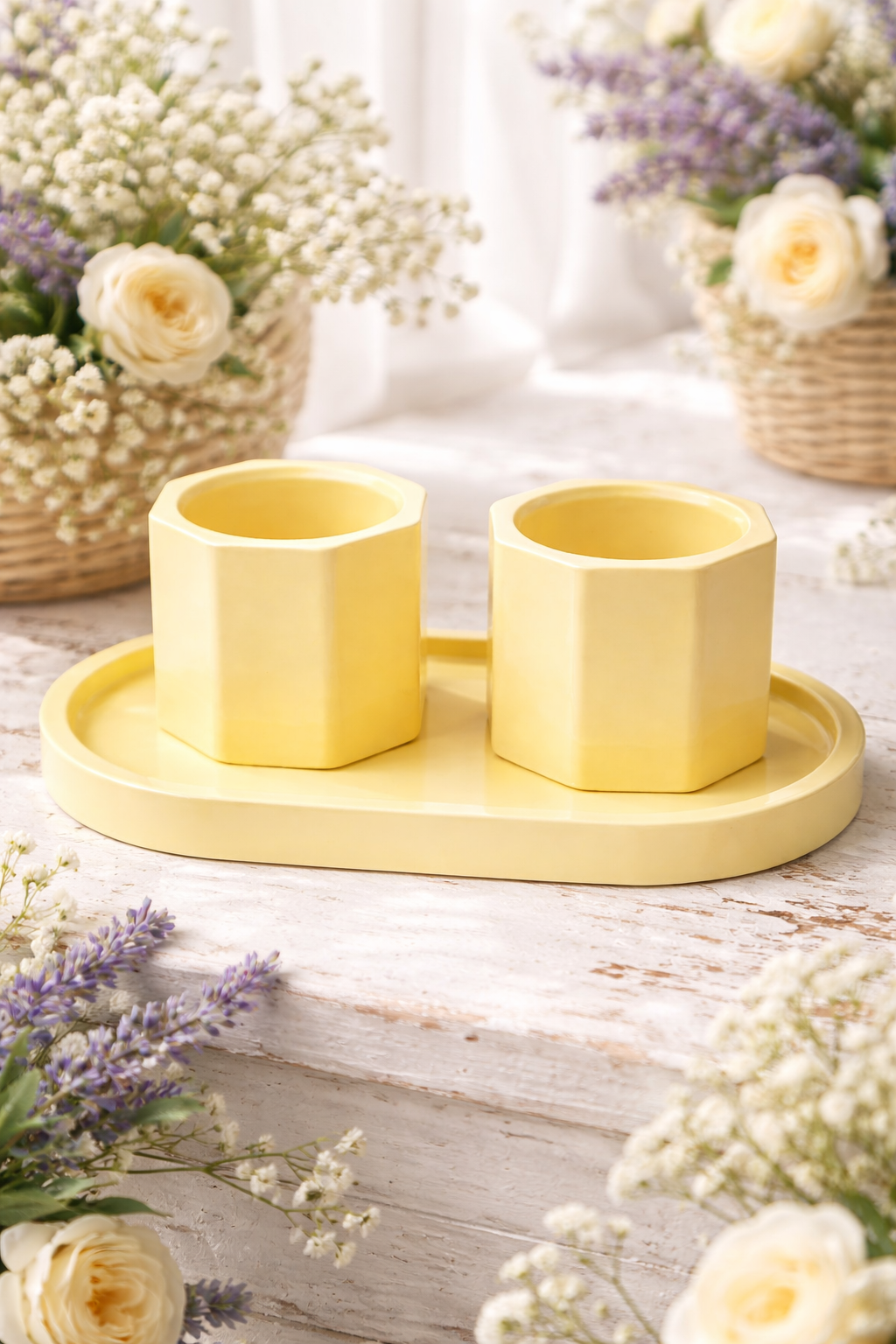 Gypsum hexagon candle holder set duo with tray pastel yellow handmade – wax container – MOSVAM
