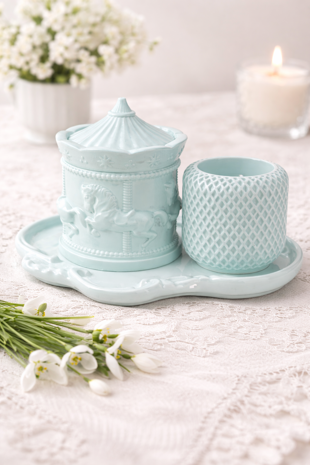 Gypsum candle holder set carousel lattice tray pastel handmade – wax container – MOSVAM
