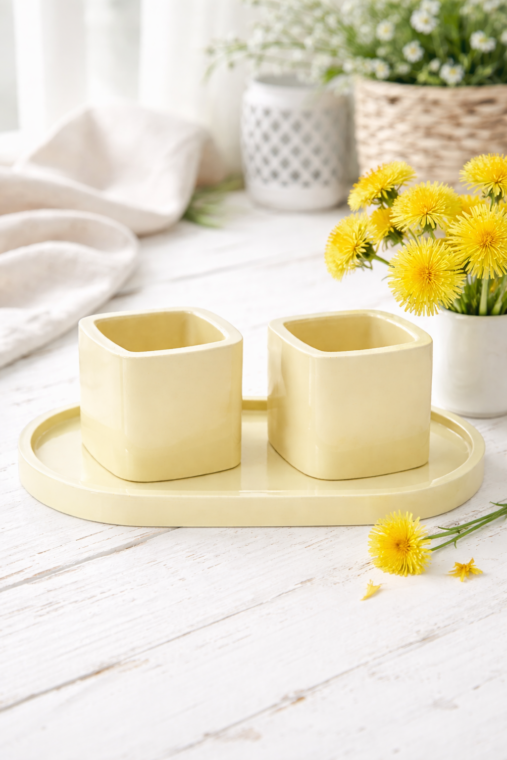 Gipsowy Zestaw Świeczników z Tacą minimalistyczny widok z góry – wosk sojowy DIY – MOSVAM