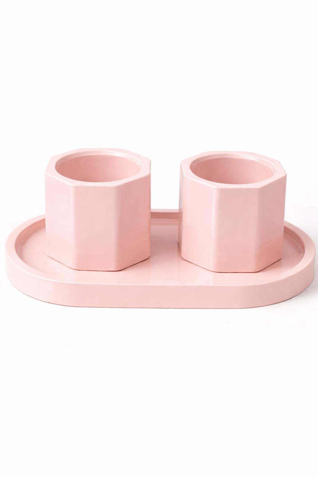 Gipsowy Zestaw Świeczników Heksagon Duo z Tacą pastelowy zielony handmade – MOSVAM