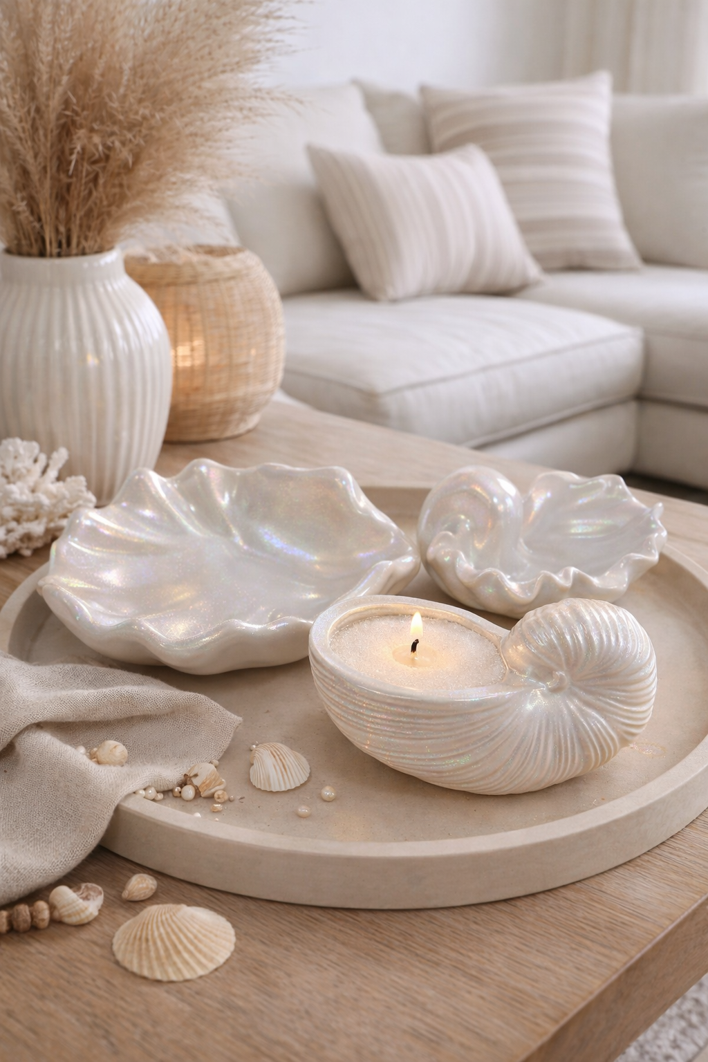 Set of 3 Handmade Shell-Shaped Gypsum Candle Holders | Pearlescent Paint | DIY Container Candles | 80-120ml | Coastal Home Decor Gift