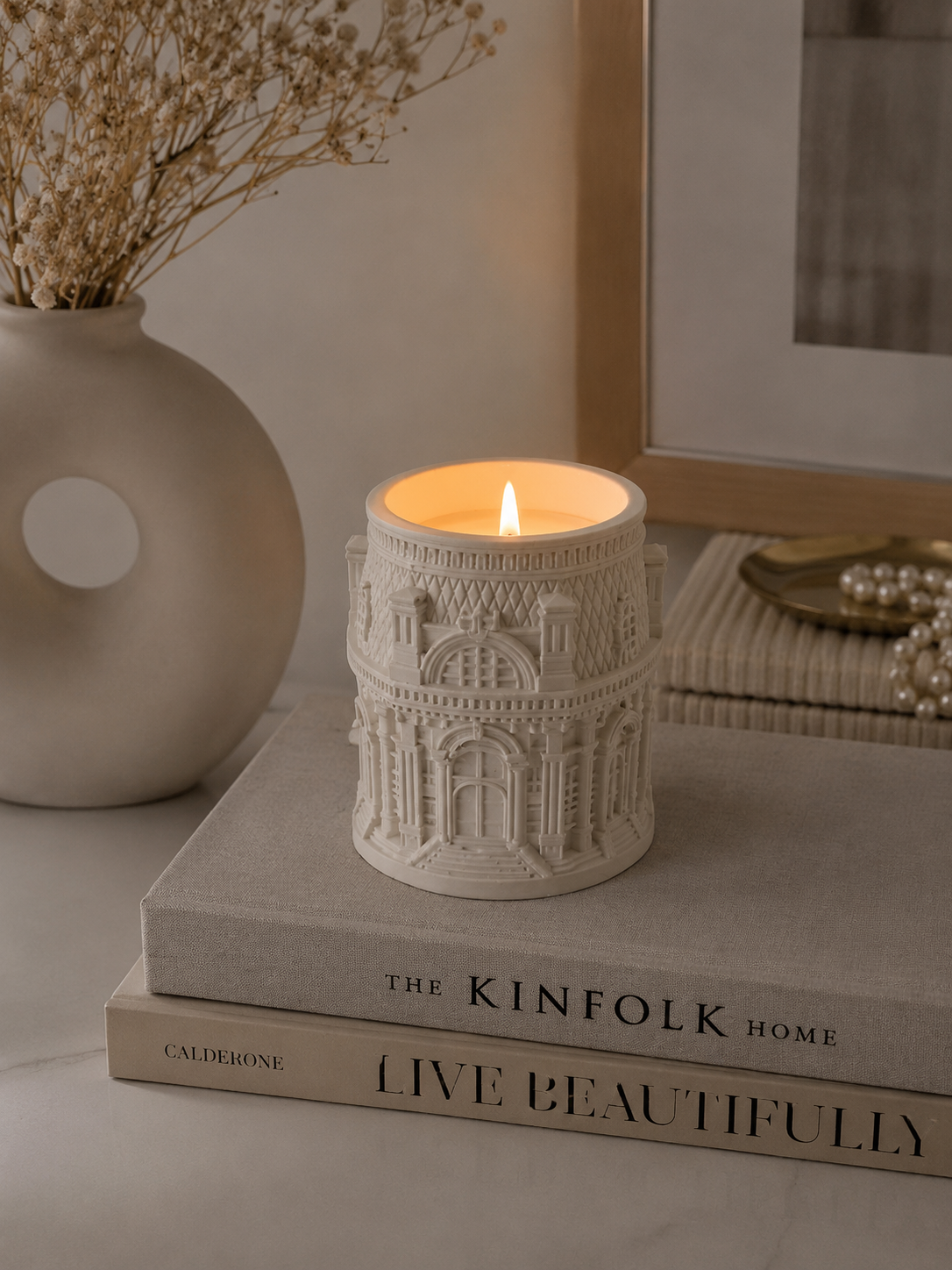 Handmade white gypsum candle holder architecture relief soy candle Kinfolk cozy home decor | MOSVAM
