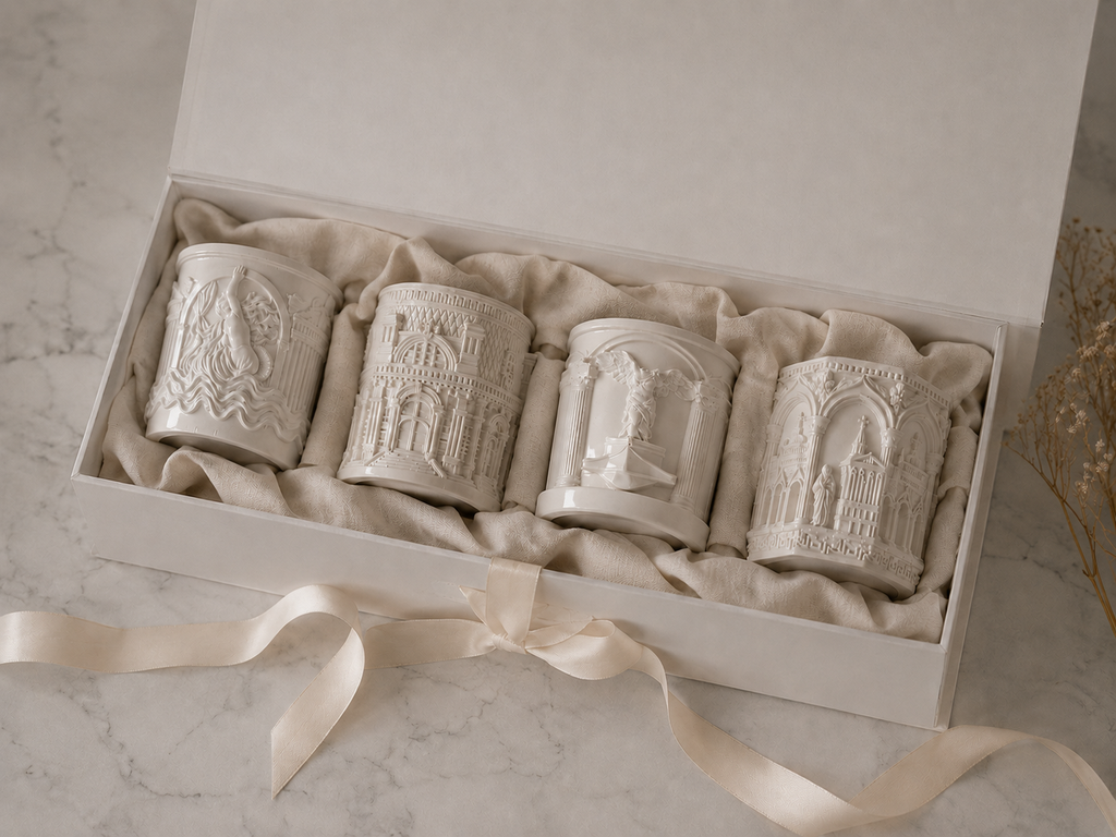 Set of 4 handmade gypsum candle holders gift box luxury packaging satin ribbon unique gift for her | MOSVAM
