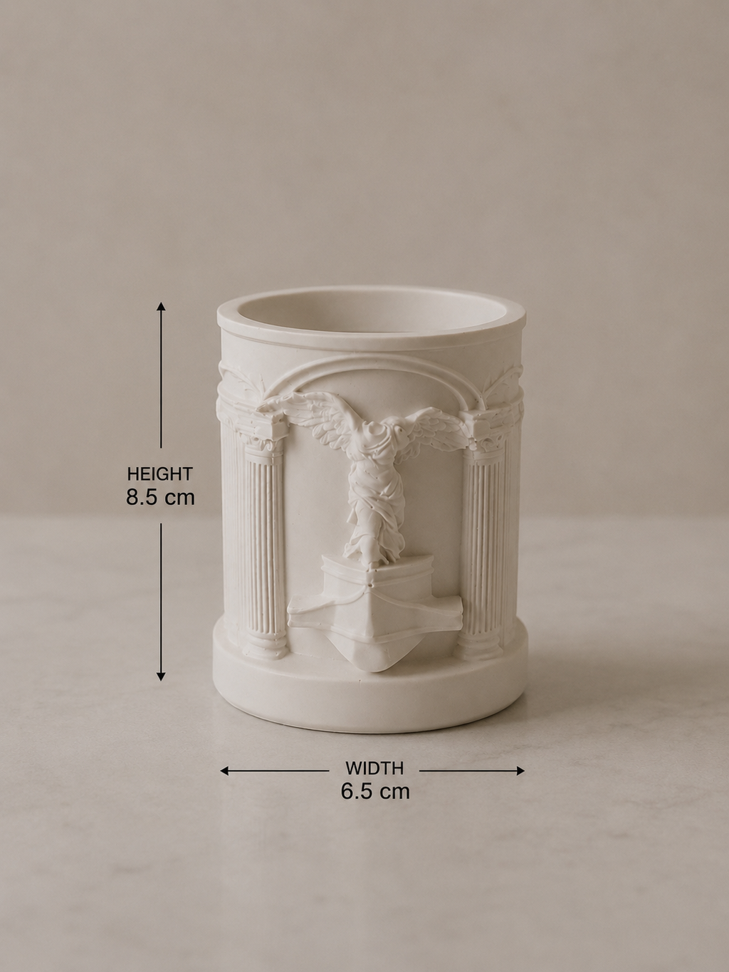 Handmade white gypsum candle holder size chart height 8.5cm width 6.5cm architectural relief | MOSVAM
