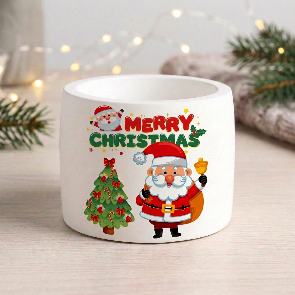 Biały świecznik gipsowy z Mikołajem, choinką i napisem Merry Christmas w świątecznej aranżacji