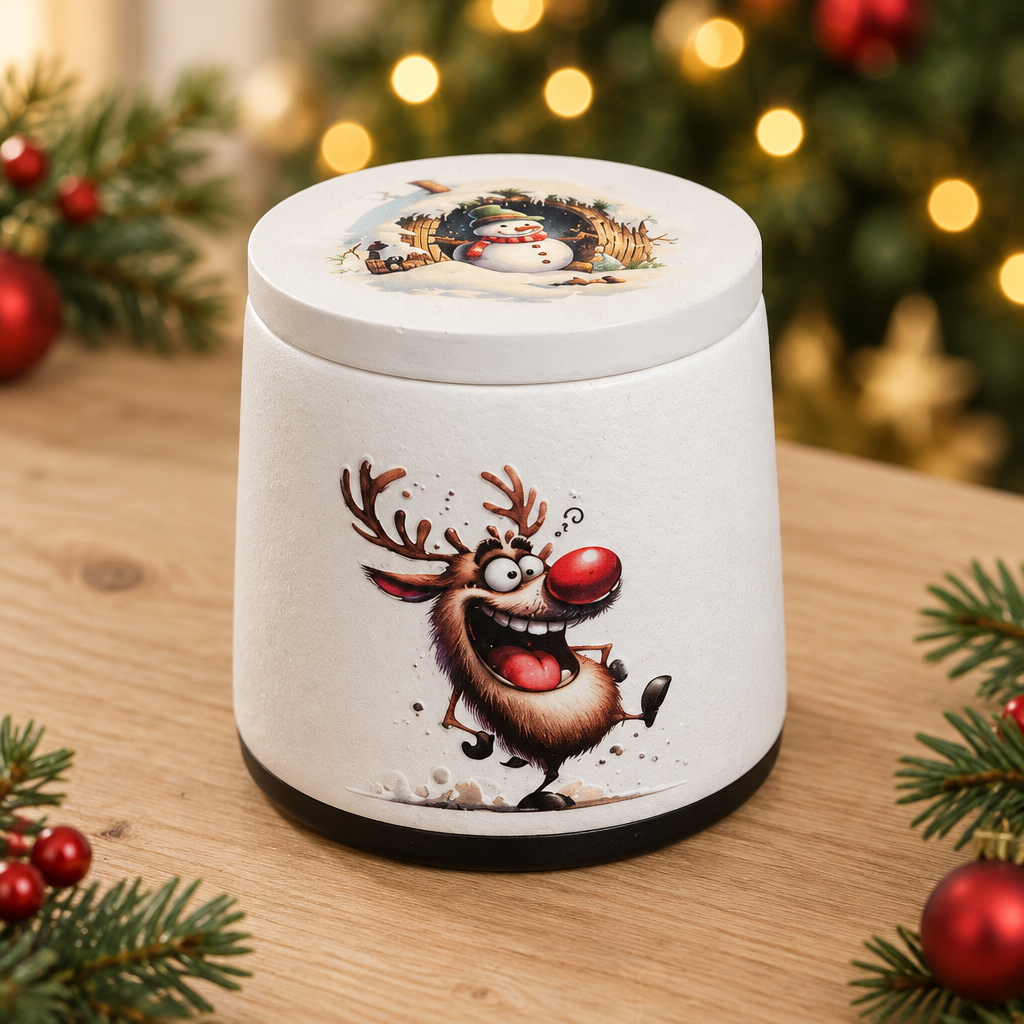 Świecznik gipsowy z reniferem obok choinki i napisem „Merry Christmas” na pokrywce.