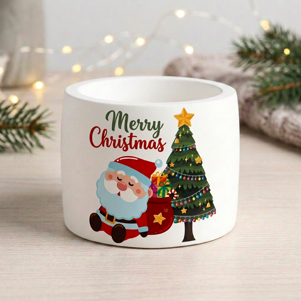 Biały świecznik gipsowy z siedzącym Mikołajem, choinką i napisem Merry Christmas