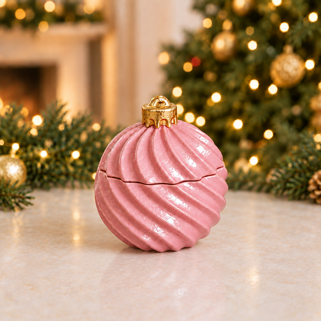 Różowa gipsowa bombka z pokrywką i złotym czubkiem w świątecznej aranżacji