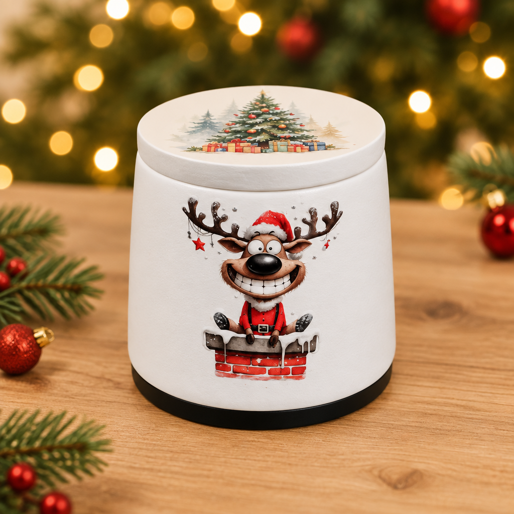 Zamknięty świecznik z reniferem w okularach, czerwonym nosem i napisem „Merry Christmas” na pokrywce.