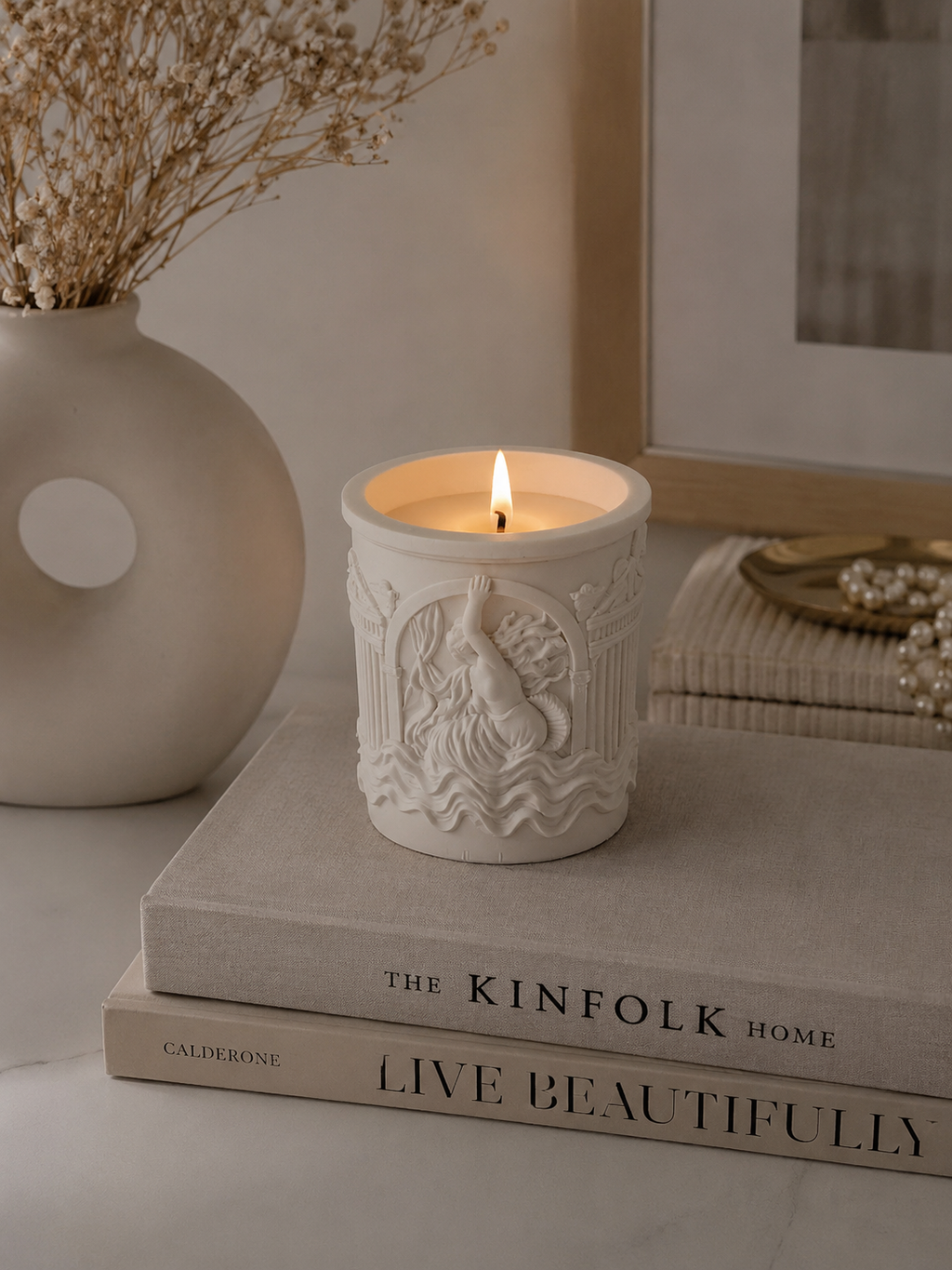 Handmade gypsum candle holder mermaid relief soy candle burning cozy home decor | MOSVAM
