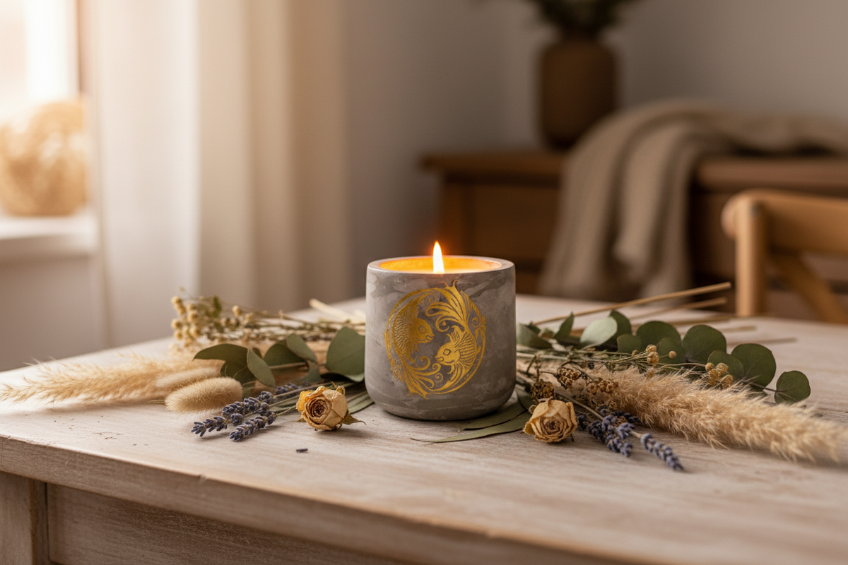Świecznik Ryby Szary Gips Handmade Zodiak Prezent
