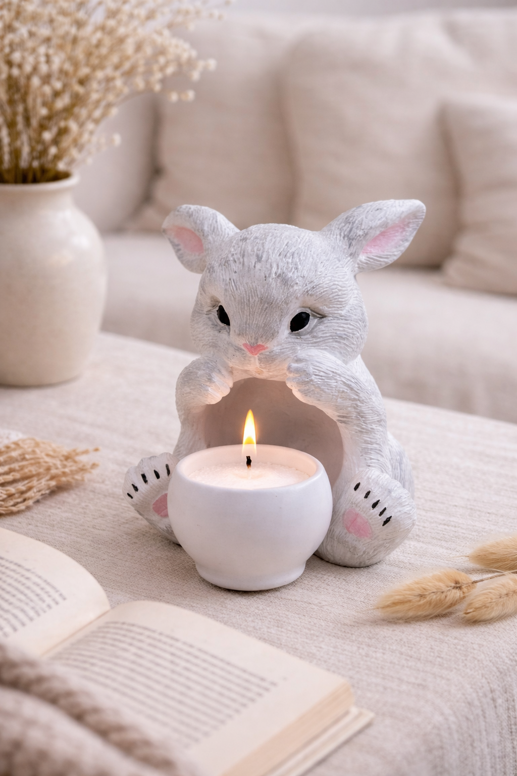 Bunny Gypsum Candle Holder Set | Hand-Painted Handmade | 1 Bunny + 3 Cup Holders | 50ml | Easter Home Decor Gift